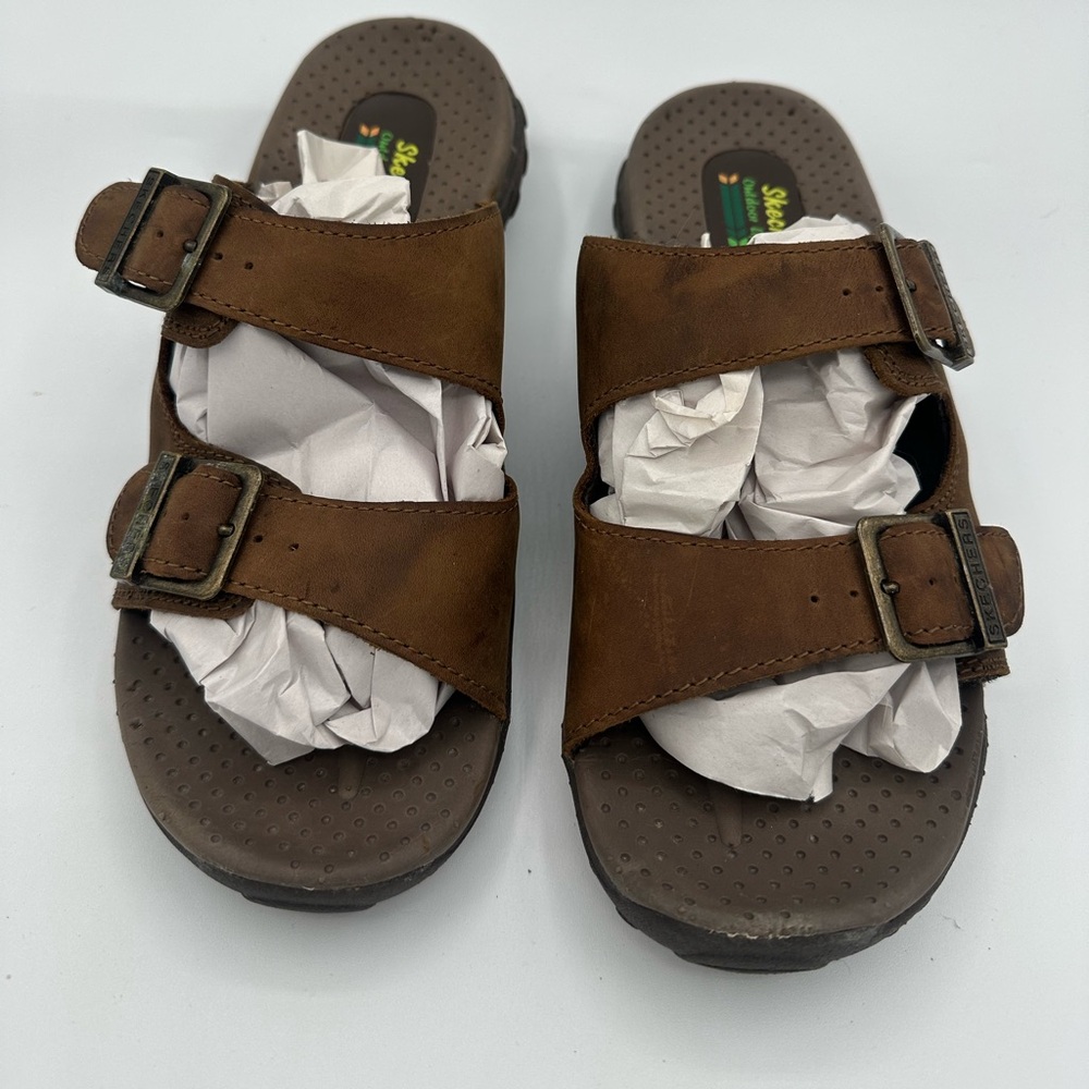 Skechers Women's Reggae Jammin Sandals Leather Slides Buckle Detail Brown Sz 8